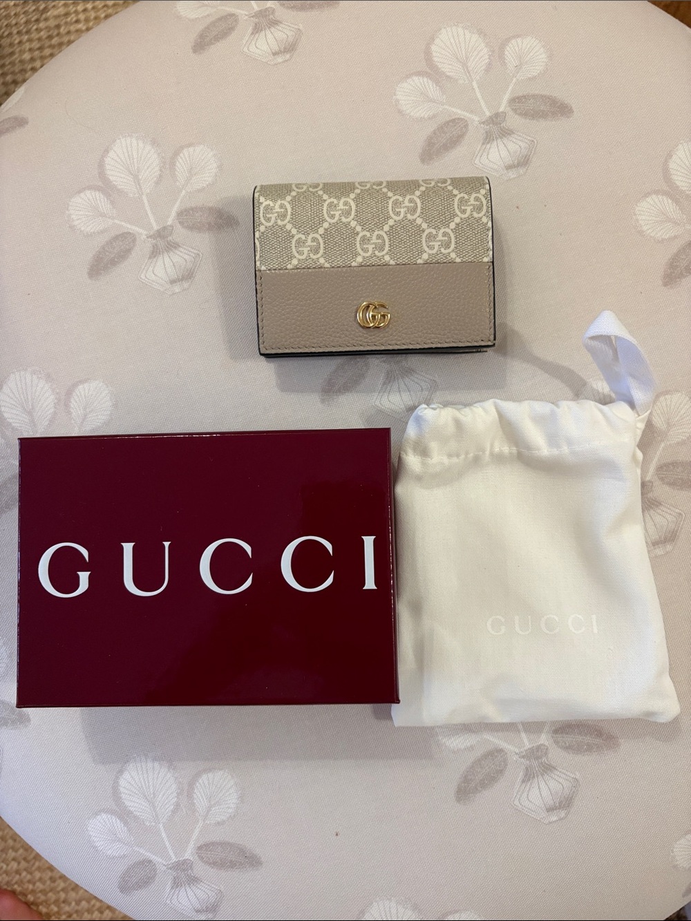 Gucci Beige and Taupe GG Supreme Small Wallet with Gold GG